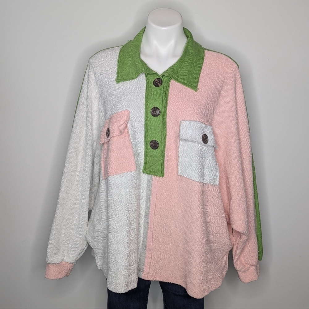 Bucket List Green Pink White French Terry Button Up Pullover Top M